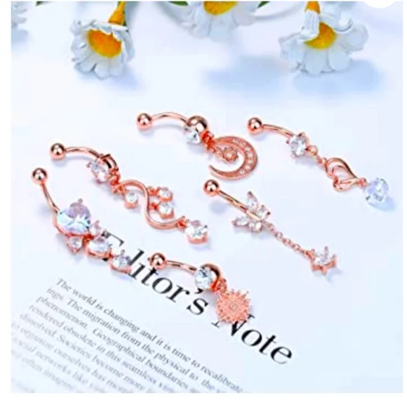 6 Pieces Rose Gold & CZ Belly Button Bling NWT - Picture 5 of 5